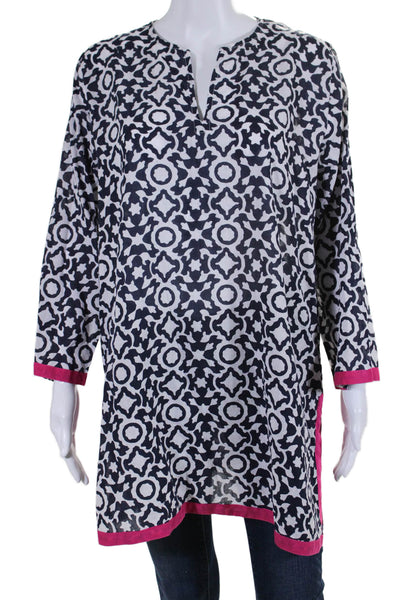 Roller Rabbit Womens 3/4 Sleeve V Neck Abstract Tunic Top Navy White Size Large