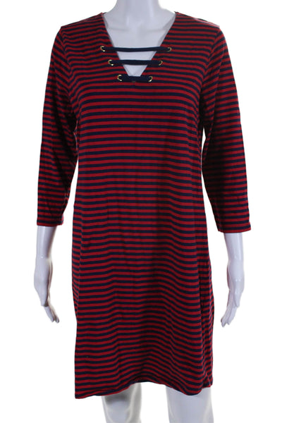 Michael Michael Kors Womens 3/4 Sleeve V Neck Stripe Shirt Dress Navy Red Medium