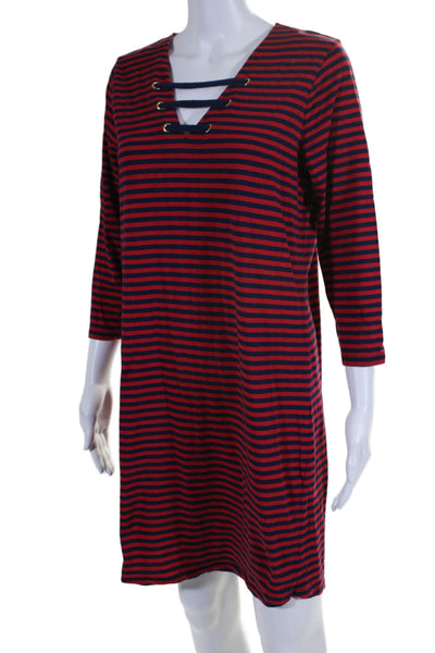 Michael Michael Kors Womens 3/4 Sleeve V Neck Stripe Shirt Dress Navy Red Medium