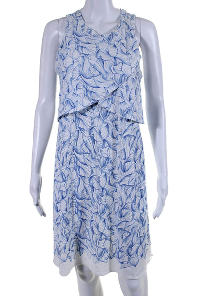 Tory Burch Womens Sleeveless Scoop Neck Floral Shift Dress White Blue Medium