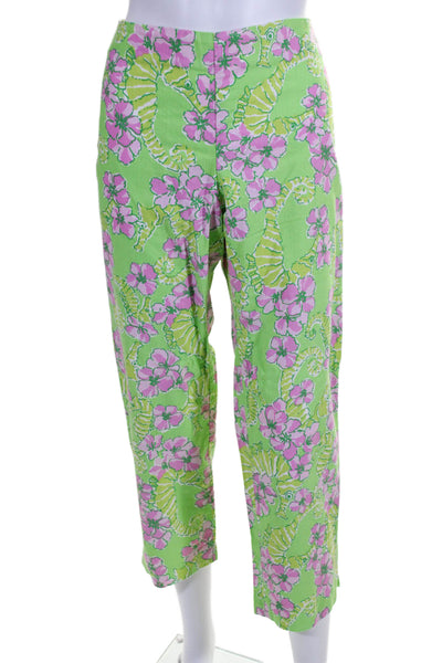 Lilly Pulitzer Womens Side Zip Floral Seahorse Pants Green Pink Cotton Size 12