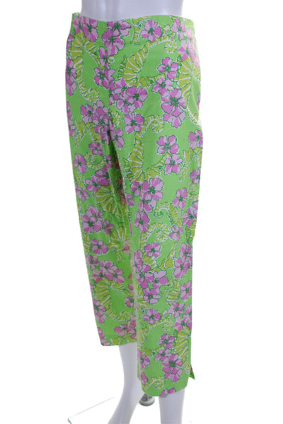 Lilly Pulitzer Womens Side Zip Floral Seahorse Pants Green Pink Cotton Size 12