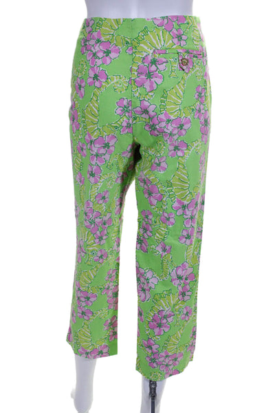 Lilly Pulitzer Womens Side Zip Floral Seahorse Pants Green Pink Cotton Size 12