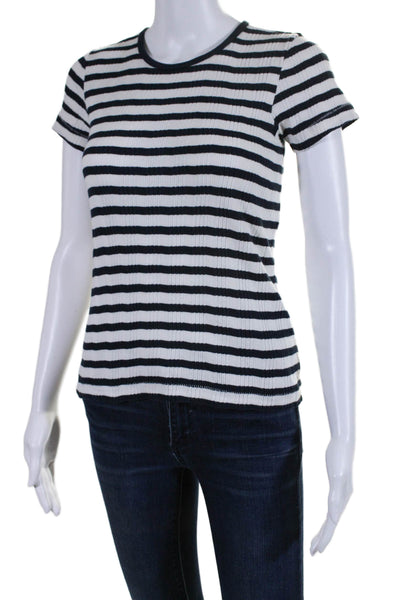 Doen Womens Short Sleeve Crew Neck Striped Ribbed Shirt White Blue Size Small