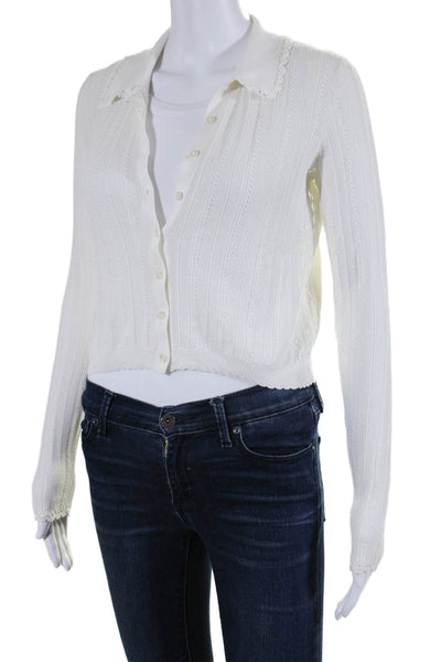 Ulla Johnson Womens Open Knit Collared Scalloped Cardigan Sweater White Small