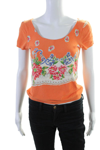 Blumarine Womens Floral Print Shoulder Slit Short Sleeved Top Orange Size M