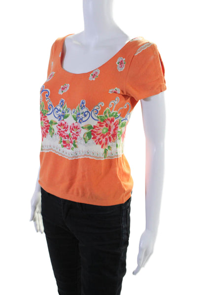 Blumarine Womens Floral Print Shoulder Slit Short Sleeved Top Orange Size M