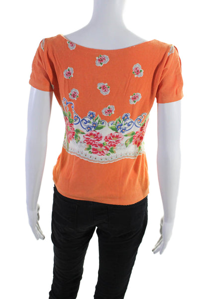 Blumarine Womens Floral Print Shoulder Slit Short Sleeved Top Orange Size M