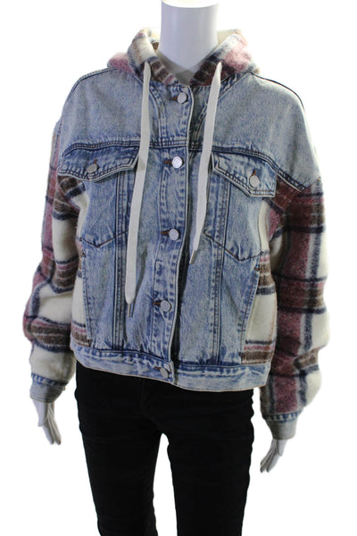 Blank NYC Womens Textured Layered Hood Light Denim Jacket Blue Size S