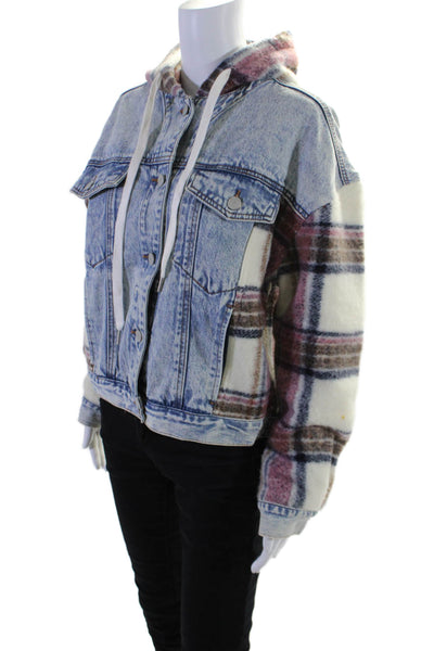 Blank NYC Womens Textured Layered Hood Light Denim Jacket Blue Size S