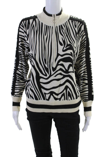 Central Park West Womens Cotton White Black Printed Half Zip Sweater Top Size S