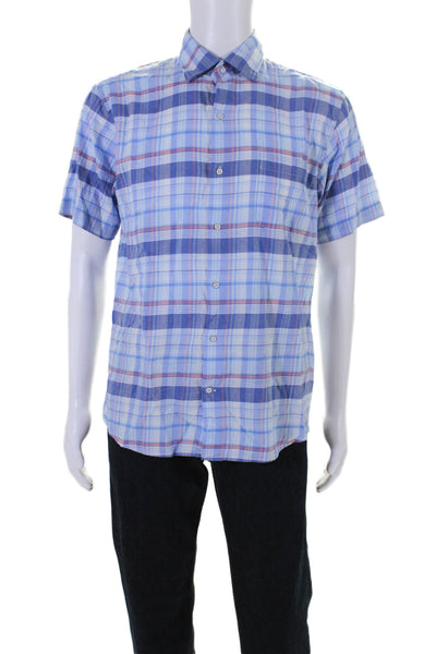 Peter Millar Mens Cotton Blue Plaid Collar Short Sleeve Button Down Shirt Size M