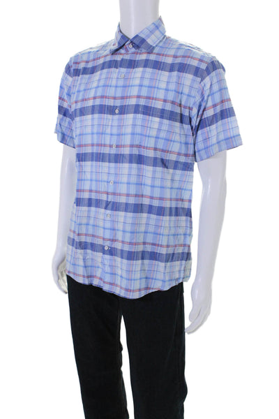 Peter Millar Mens Cotton Blue Plaid Collar Short Sleeve Button Down Shirt Size M