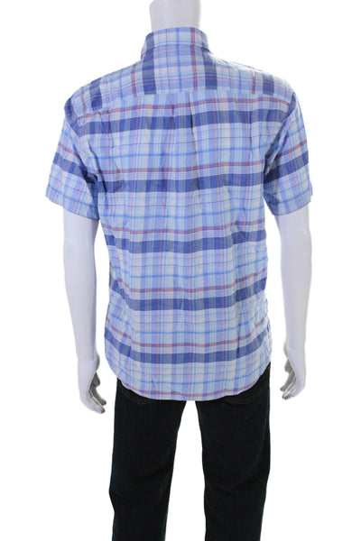 Peter Millar Mens Cotton Blue Plaid Collar Short Sleeve Button Down Shirt Size M