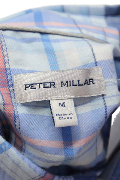 Peter Millar Mens Cotton Blue Plaid Collar Short Sleeve Button Down Shirt Size M