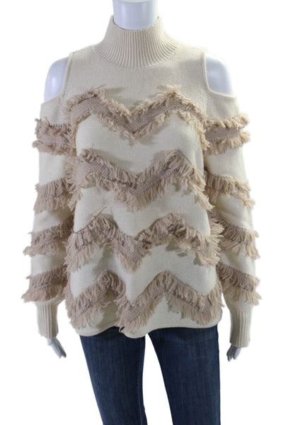 Zoe Jordan Womens Chevron Fringe Cold Shoulder Cashmere Sweater White Size Small