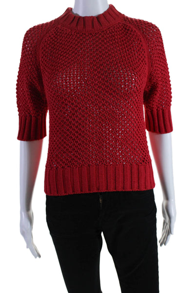 G. Women's Mock Neck Short Sleeves Open Knit Pullover Sweater Red Size S