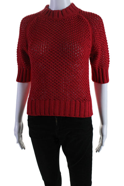 G. Women's Mock Neck Short Sleeves Open Knit Pullover Sweater Red Size S