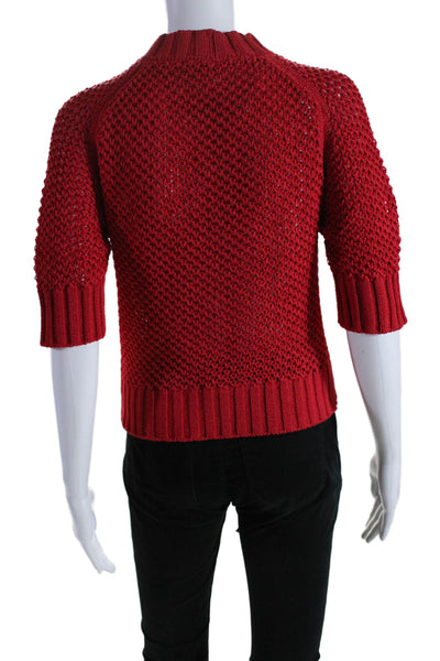 G. Women's Mock Neck Short Sleeves Open Knit Pullover Sweater Red Size S