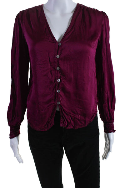 Bella Dahl Womens Long Sleeve Smocked Trim V Neck Blouse Pink Size Extra Small