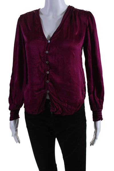 Bella Dahl Womens Long Sleeve Smocked Trim V Neck Blouse Pink Size Extra Small