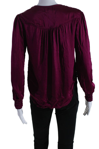 Bella Dahl Womens Long Sleeve Smocked Trim V Neck Blouse Pink Size Extra Small