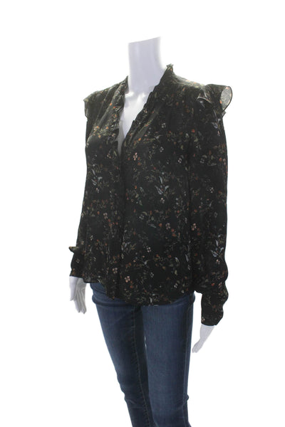 Go Silk Womens Silk Black Floral Ruffle V-Neck Button Front Blouse Top Size XS