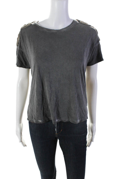 Sport The Kooples Womens Beaded Short Sleeve Round Neck Top Gray Size 1