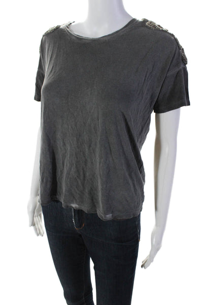 Sport The Kooples Womens Beaded Short Sleeve Round Neck Top Gray Size 1