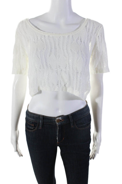 Yllw Womens Open Knit Round Neck Short Sleeve Cropped Pullover Top White Size M