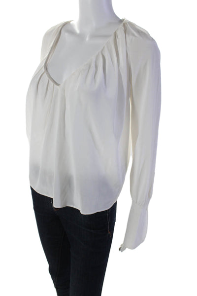 ALC Womens Silk Long Buttoed Sleeved Pleated Hem V Neck Blouse White Size 0