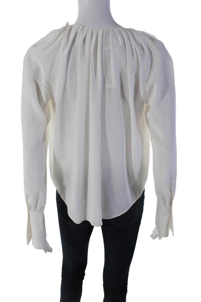 ALC Womens Silk Long Buttoed Sleeved Pleated Hem V Neck Blouse White Size 0