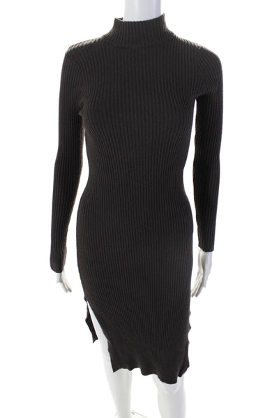 Magaschoni Womens Side Slit Ribbed Knit Mock Neck Sweater Dress Brown Size XS