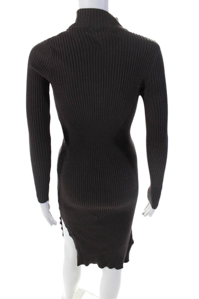 Magaschoni Womens Side Slit Ribbed Knit Mock Neck Sweater Dress Brown Size XS