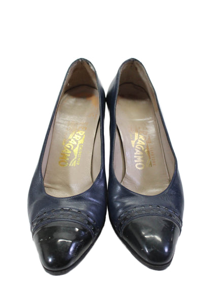 Salvatore Ferragamo Womens Leather Cap Toe Pumps Navy Blue Black Size 6