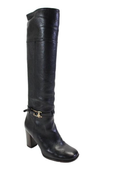 Tory Burch Womens Pebbled Leather Belted Knee High Boots Black Size 7 Medium