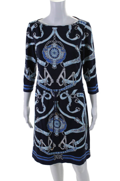 J. Mclaughlin Womens Graphic Print Ruched Drawstring Midi Dress Blue Size M