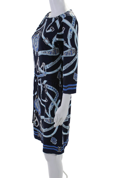 J. Mclaughlin Womens Graphic Print Ruched Drawstring Midi Dress Blue Size M