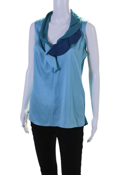 Elie Tahari Womens Silk Sleeveless Ruffled V Neck Tank Top Blue Size Small