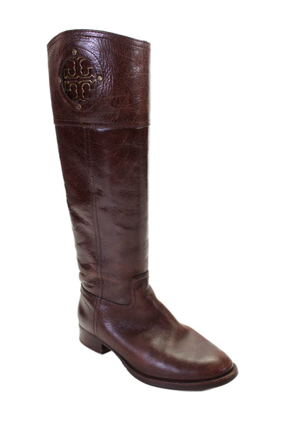 Tory Burch Womens Leather Gold Tone Emblem Knee High Boots Brown Size 6