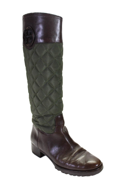 Tory Burch Womens Leather Quilted Knee High Emblem Boots Brown Green Size 7