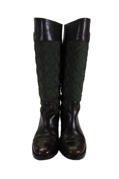 Tory Burch Womens Leather Quilted Knee High Emblem Boots Brown Green Size 7