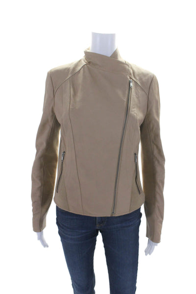 Marc New York Womens Leather Asymmetric Full Zip Knit Trim Jacket Beige Size M