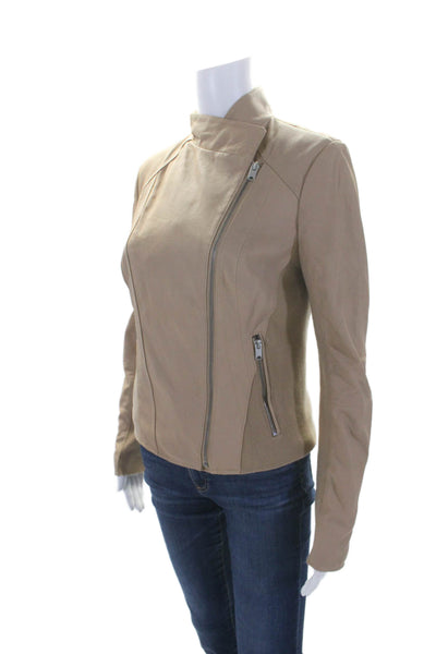 Marc New York Womens Leather Asymmetric Full Zip Knit Trim Jacket Beige Size M