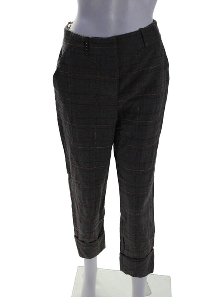 Peserico Womens Brown Wool Plaid High Rise Cuff Tapered Leg Trouser Pants Size42