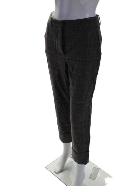 Peserico Womens Brown Wool Plaid High Rise Cuff Tapered Leg Trouser Pants Size42