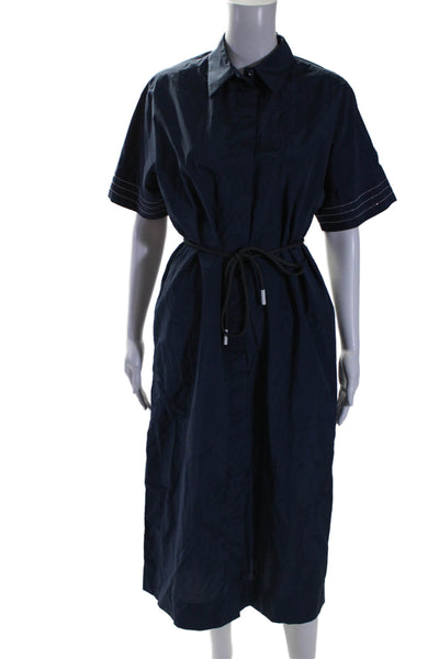 Peserico Womens Navy Collar Button Front Belt Short Sleeve Shirt Dress Size 42