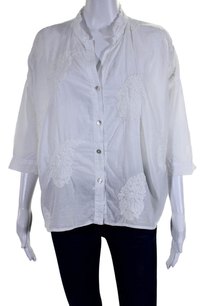 LAB Womens Cotton Textured Embroidered Buttons Collar Blouse White Size XS