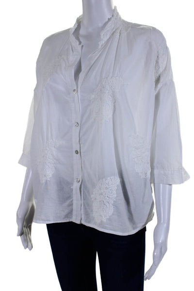 LAB Womens Cotton Textured Embroidered Buttons Collar Blouse White Size XS