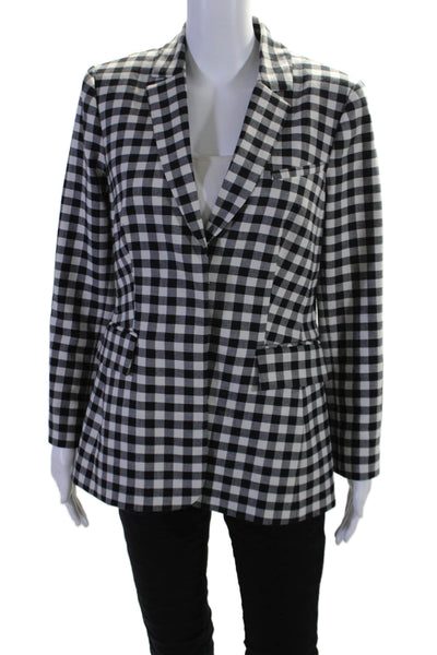 Lela Rose Womens Checks Plaid Two Button Blazer Jacket Black White Wool Size 8